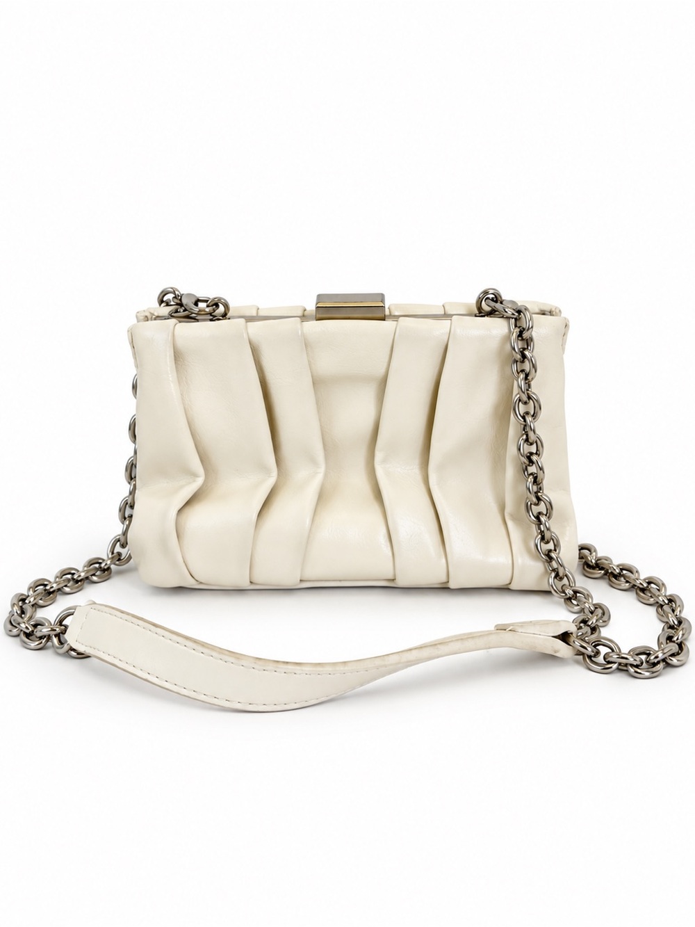 Cream Pleated Leather Crossbody with Silver Chain Strap